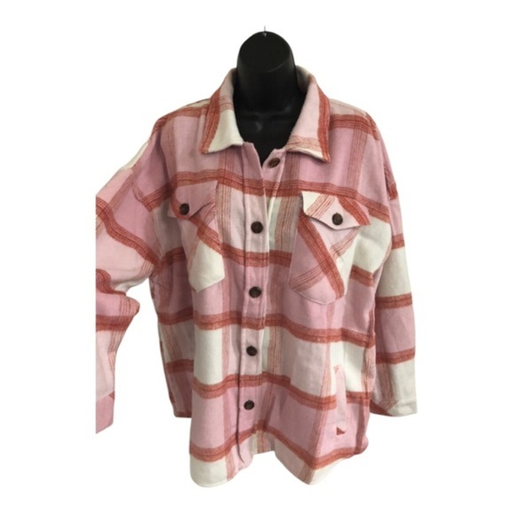 Kensie Tops - Kensie pink white colorblock plaid fleece flannel look button down shacket Large